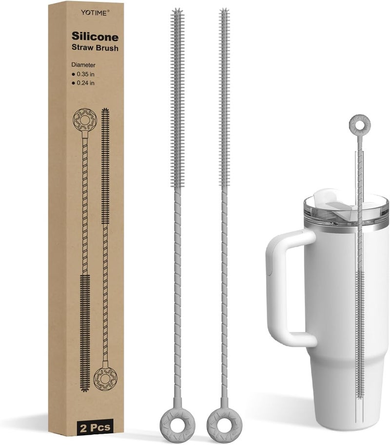 YOTIME Silicone Straw Cleaner Brush, 2 Pcs Reusable Straw Brush(6mm+9mm) for Cleaning Narrow & Wide Straws, Tumblers, Gray - Image 1